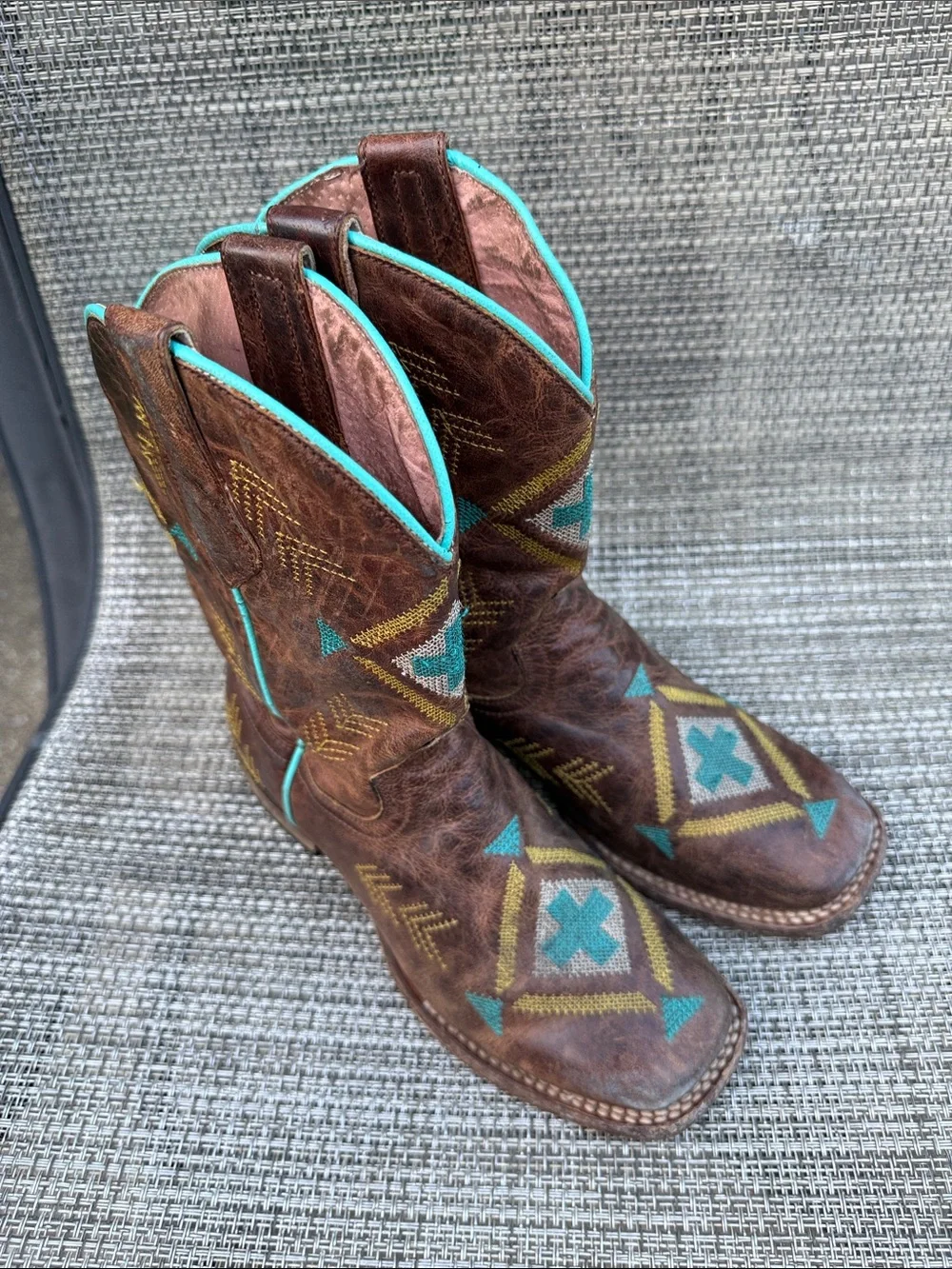 Roper Kids Brown Leather Embroidered Western Boots with Turquoise Trim